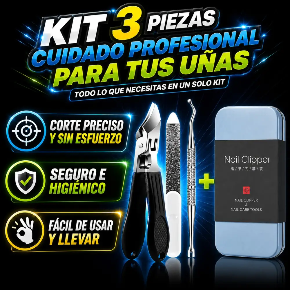 Kit de 3 piezas: alicate cortaúñas, lima y removedor de cutícula junto a su estuche azul